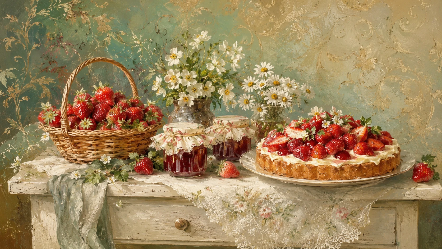 Vintage kitchen table with strawberry cake and jam jars