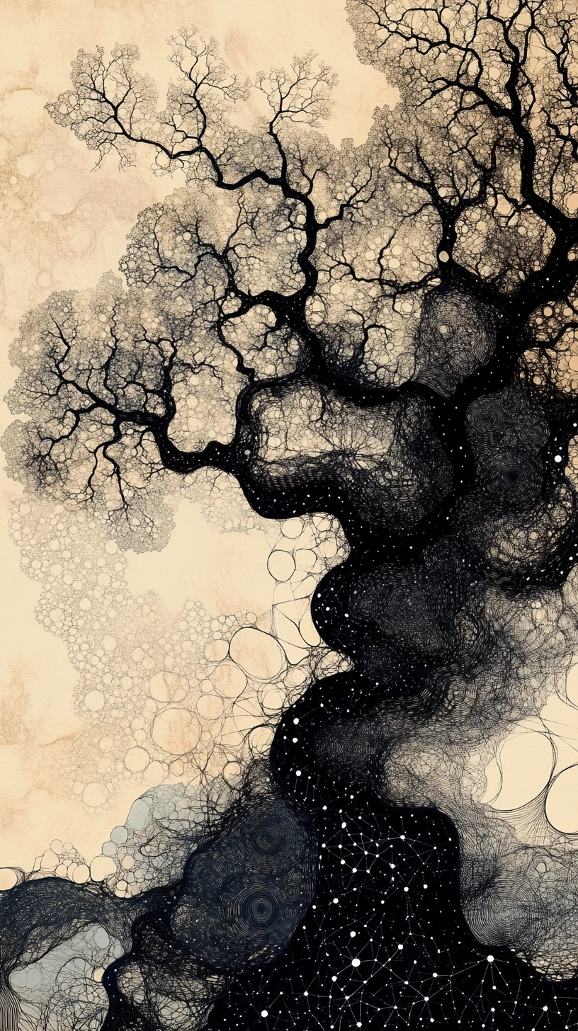 Surreal ancient tree dissolving into abstract mathematical branches