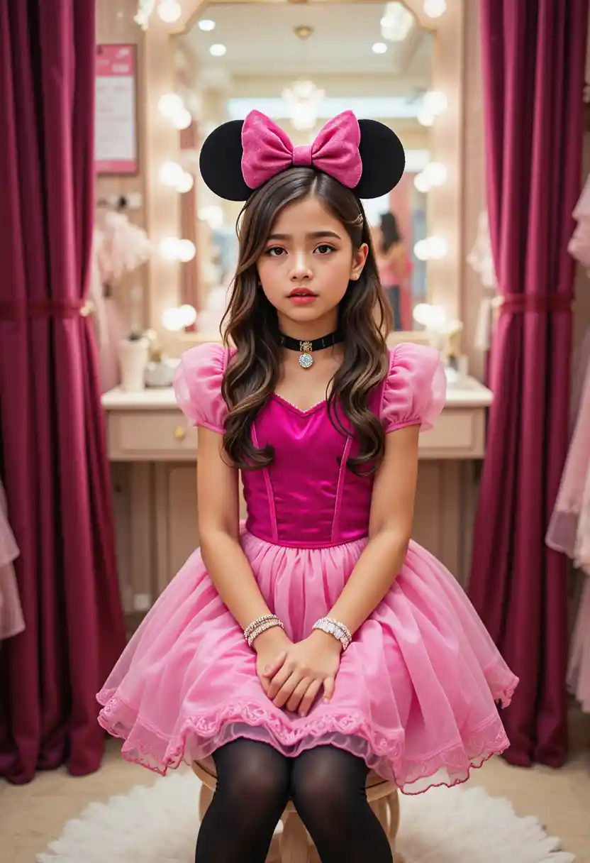 Nervous boy styled as a pink princess in dress shop