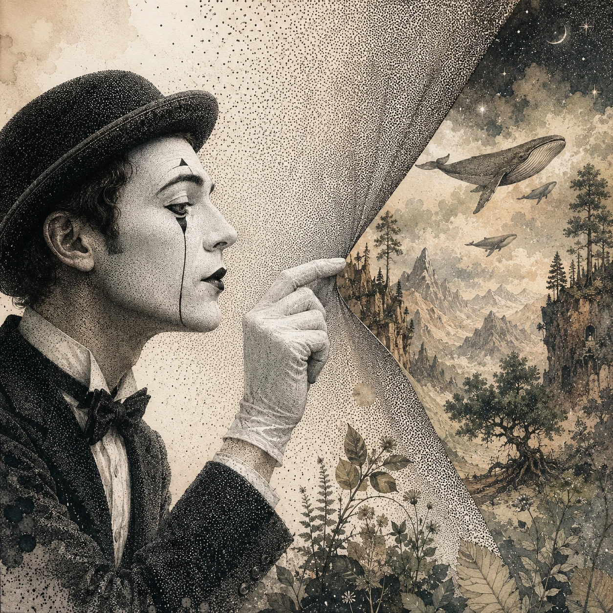 Surreal mime portrait with folded reality and empty air