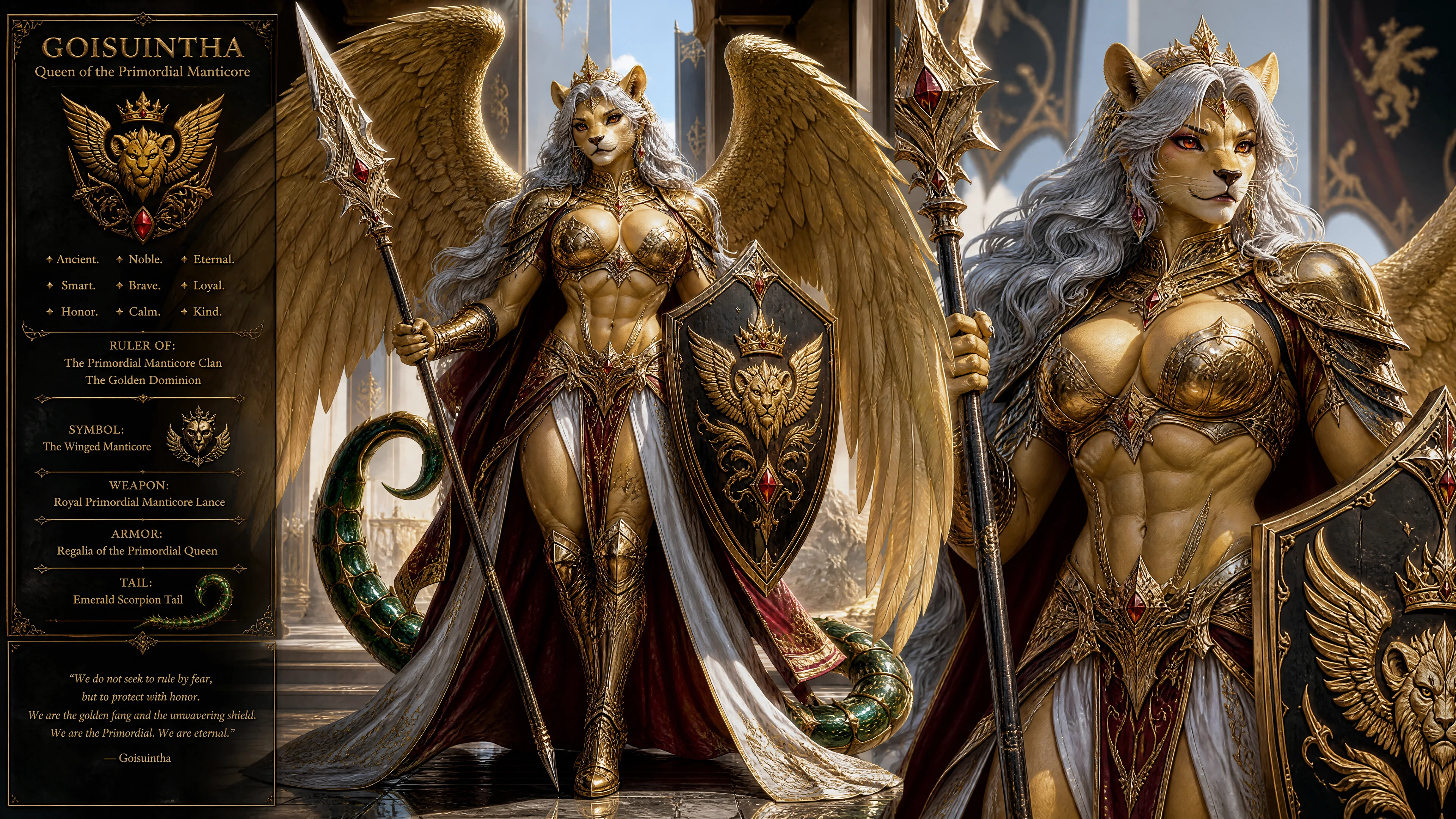 Winged manticore queen with silver hair and emerald tail