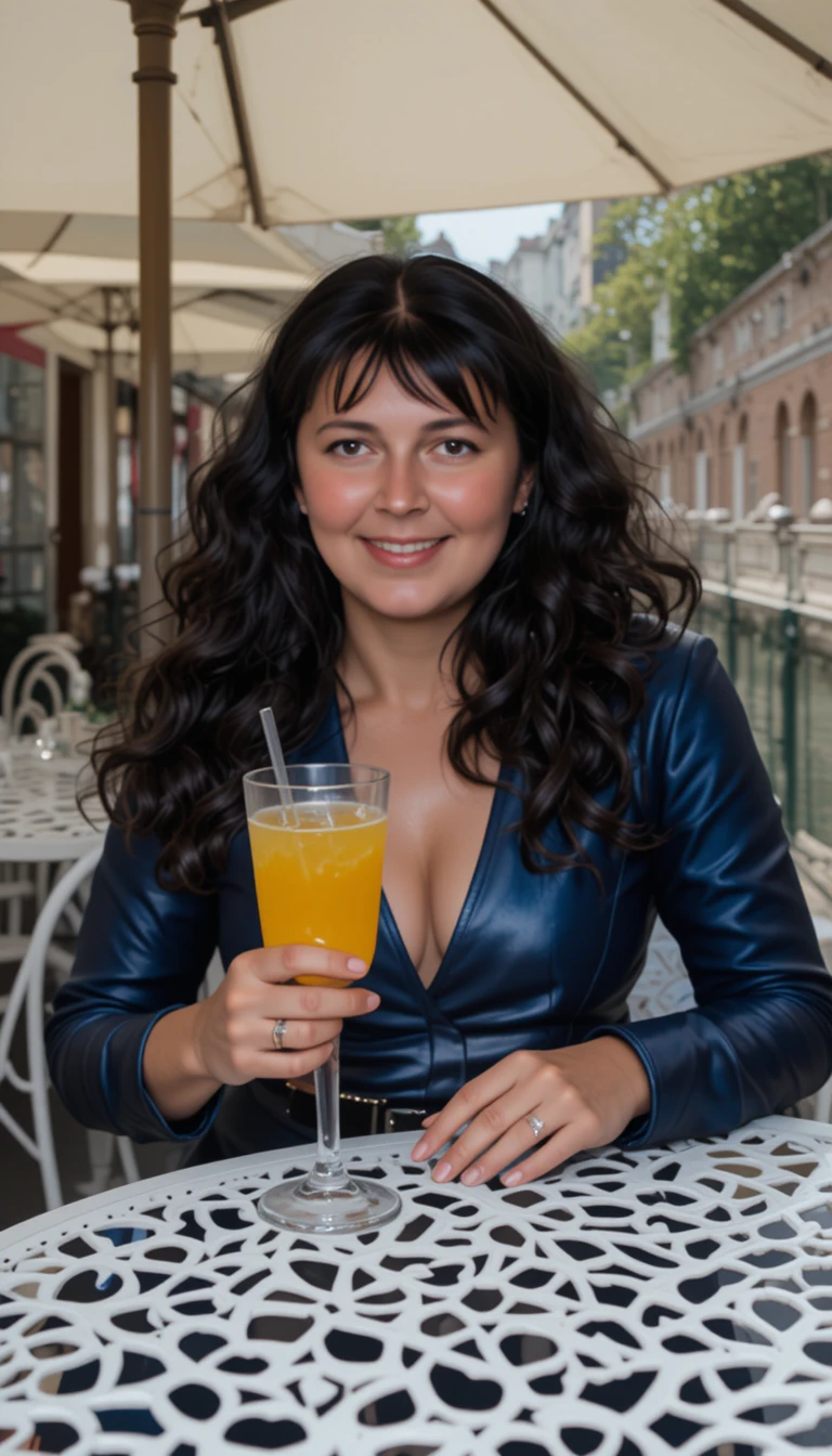 Smiling blue eyed woman at an outdoor cafe table