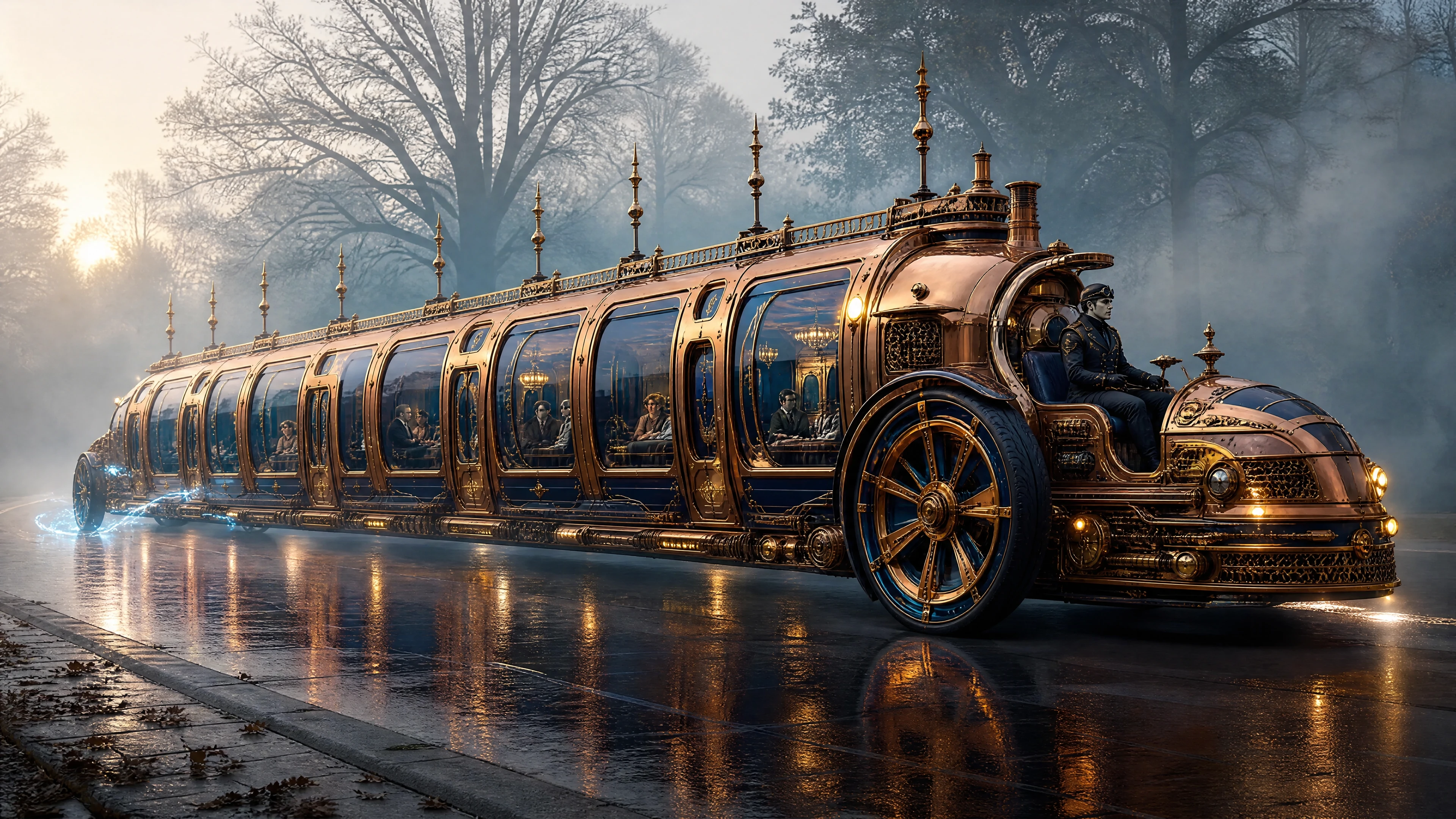Futuristic steampunk limousine gliding along a foggy morning road
