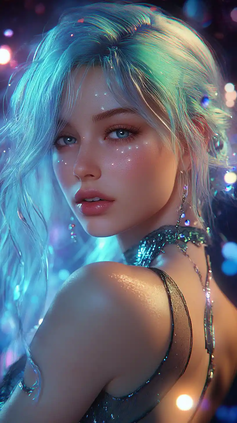 Close up feminine figure in luminous holographic fantasy style