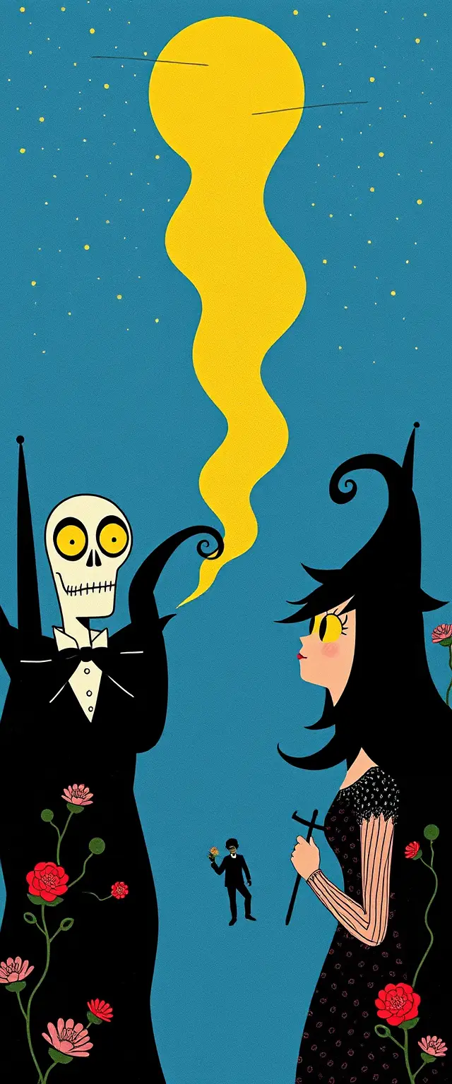 Whimsical retro fantasy characters in a colorful graphic scene