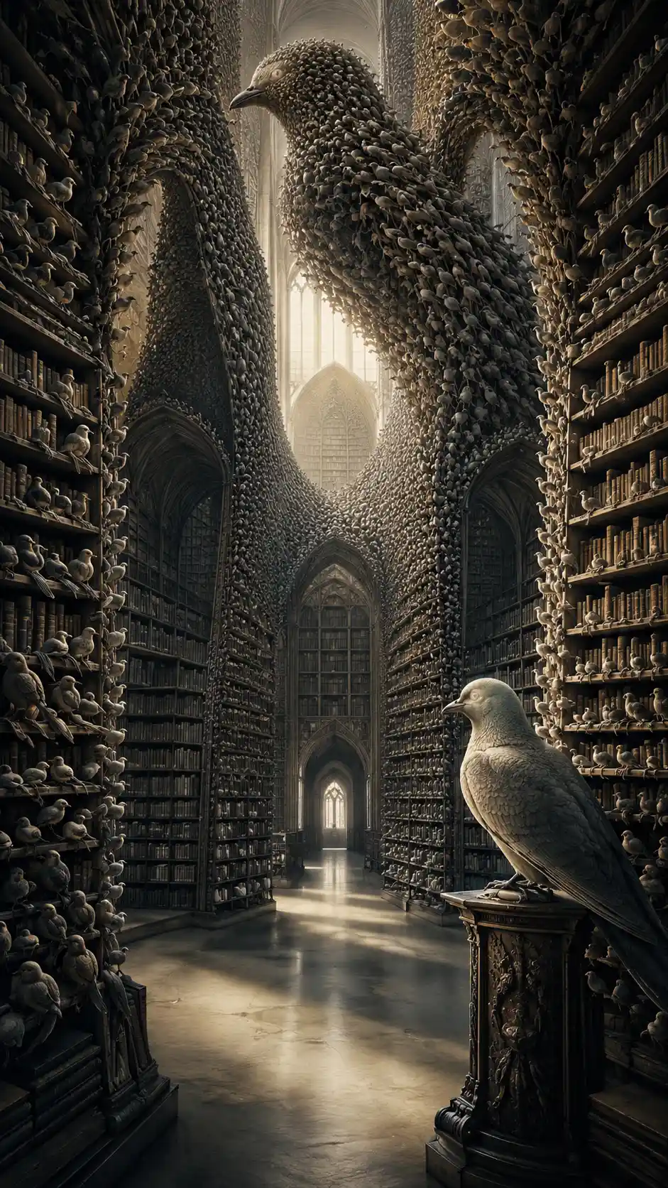 Endless Library Of Birds Forming Surreal Architectural Shelves