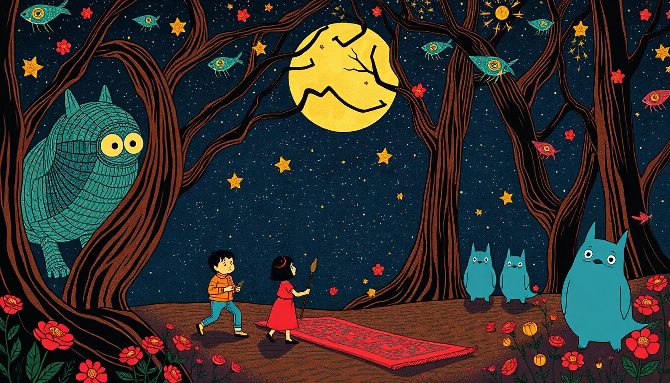 Colorful retro fantasy characters in a whimsical fairy tale world