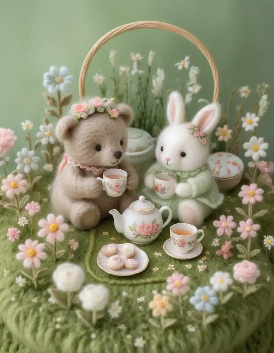 Felt bear and angora rabbit at a cozy yarn tea party