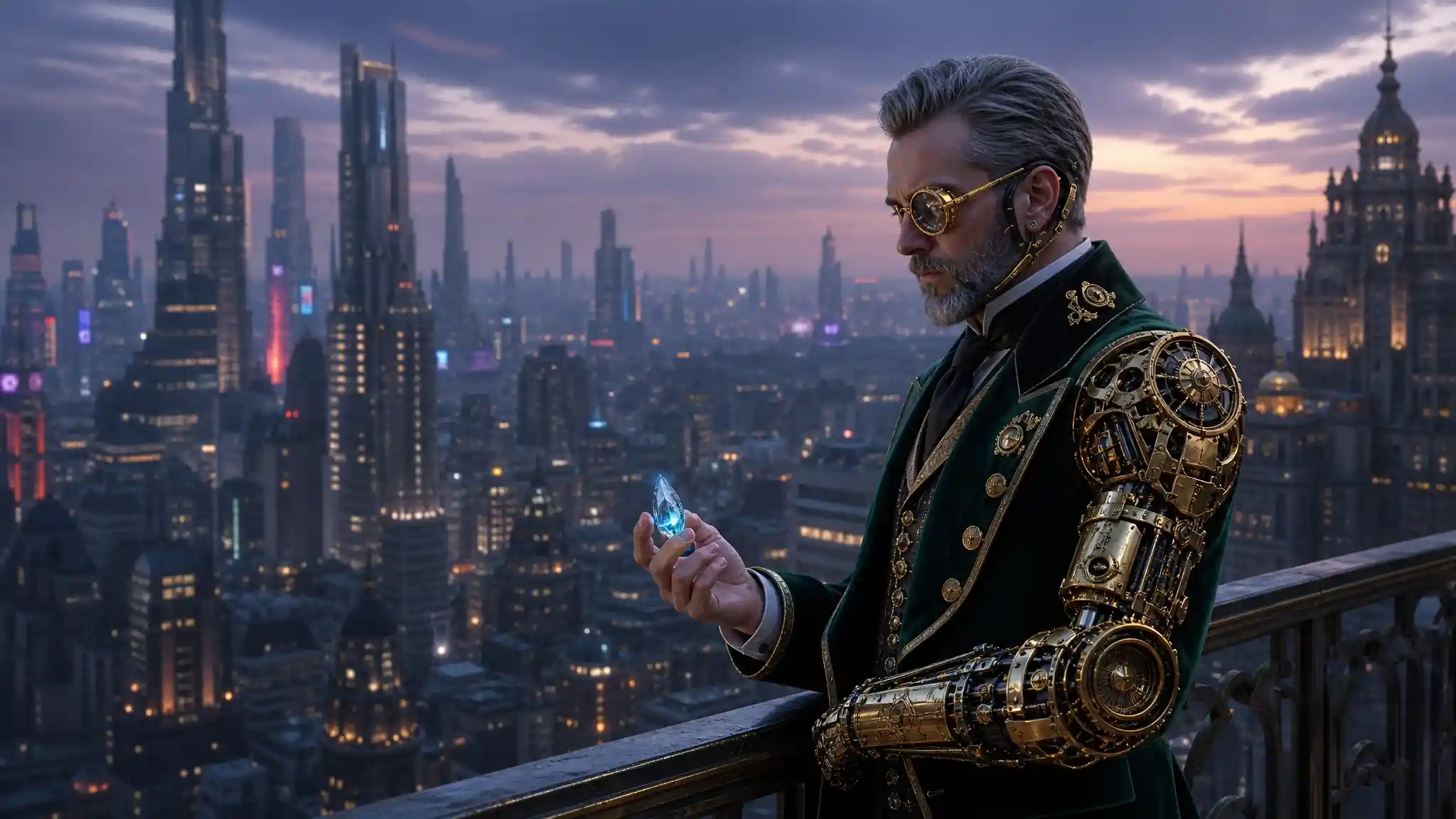 Nano aristocrat woman on balcony over cyberpunk city