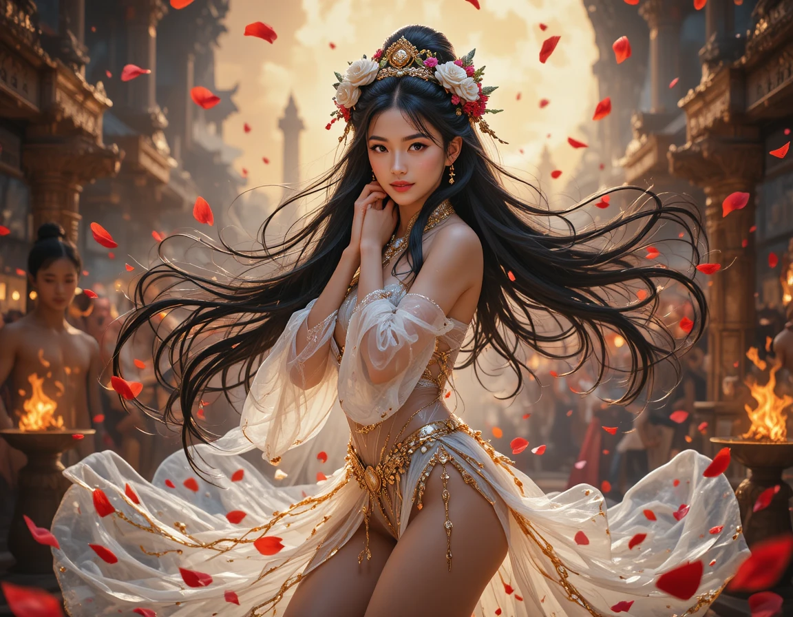 Fantasy dancer surrounded by rose petals and moonlit fire