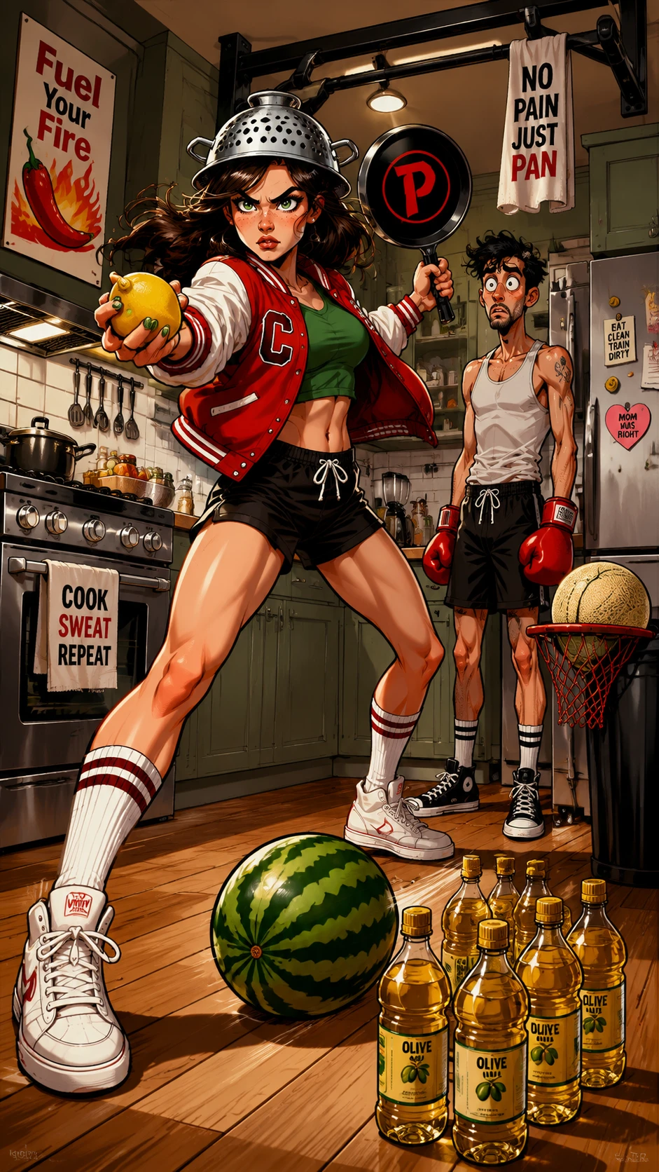 Fierce cartoon woman in sporty kitchen battle scene