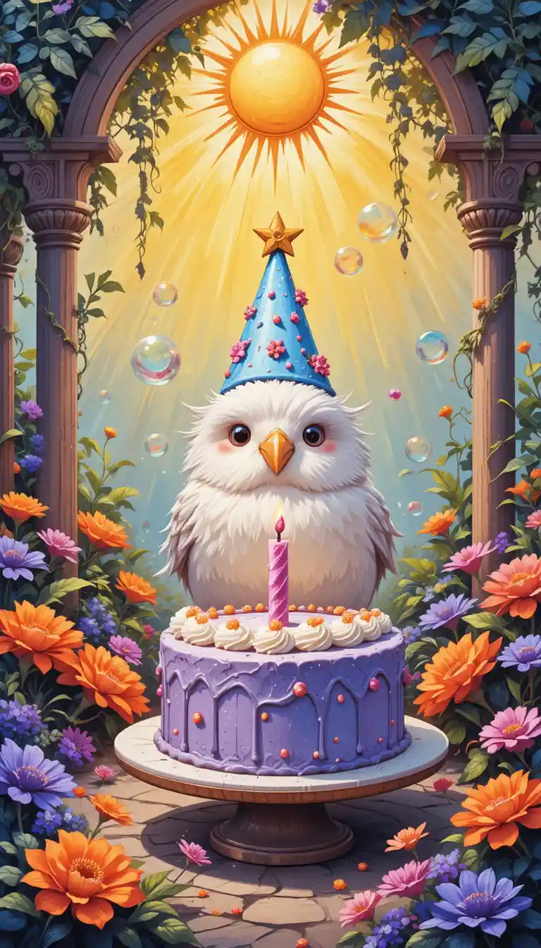 Cute white bird with party hat and birthday cake