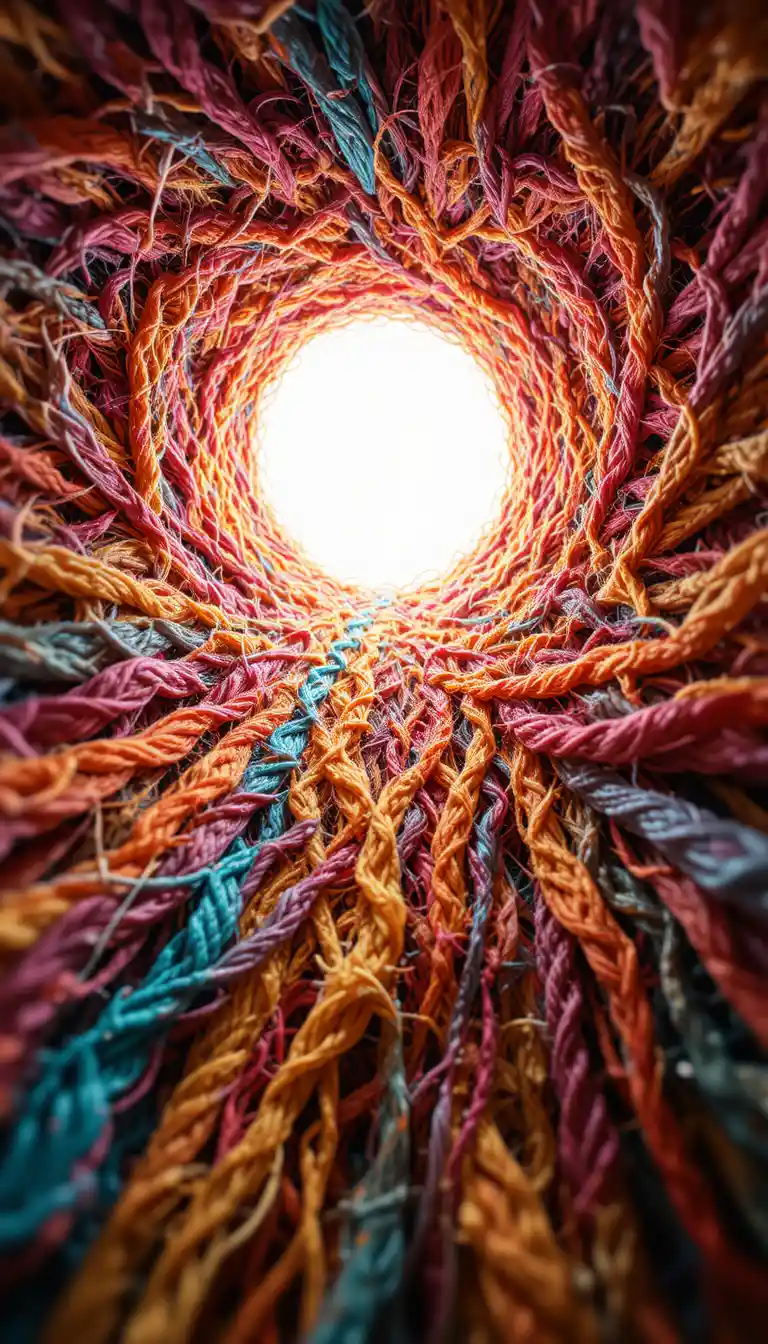 Macro view through a swirling canyon of colorful yarn