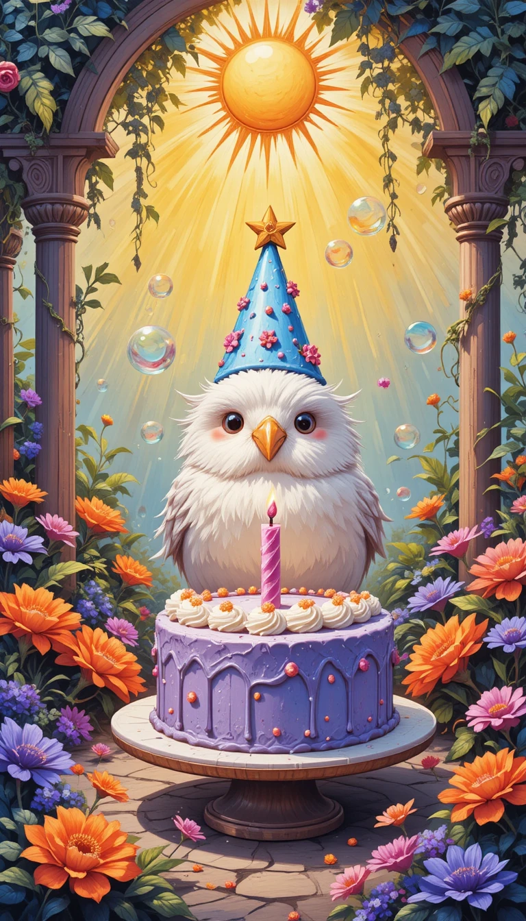 Cute white bird with party hat and birthday cake
