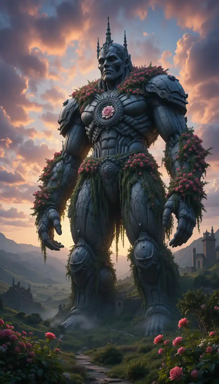Giant Stone Cathedral Golem In Twilight Fantasy Hills