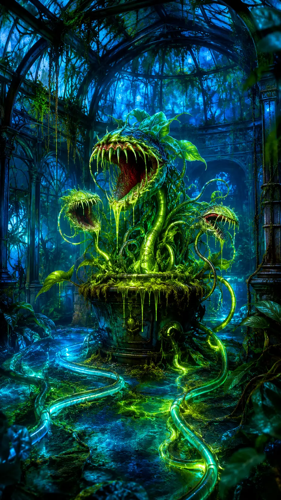 Eerie carnivorous plant glowing in an abandoned greenhouse