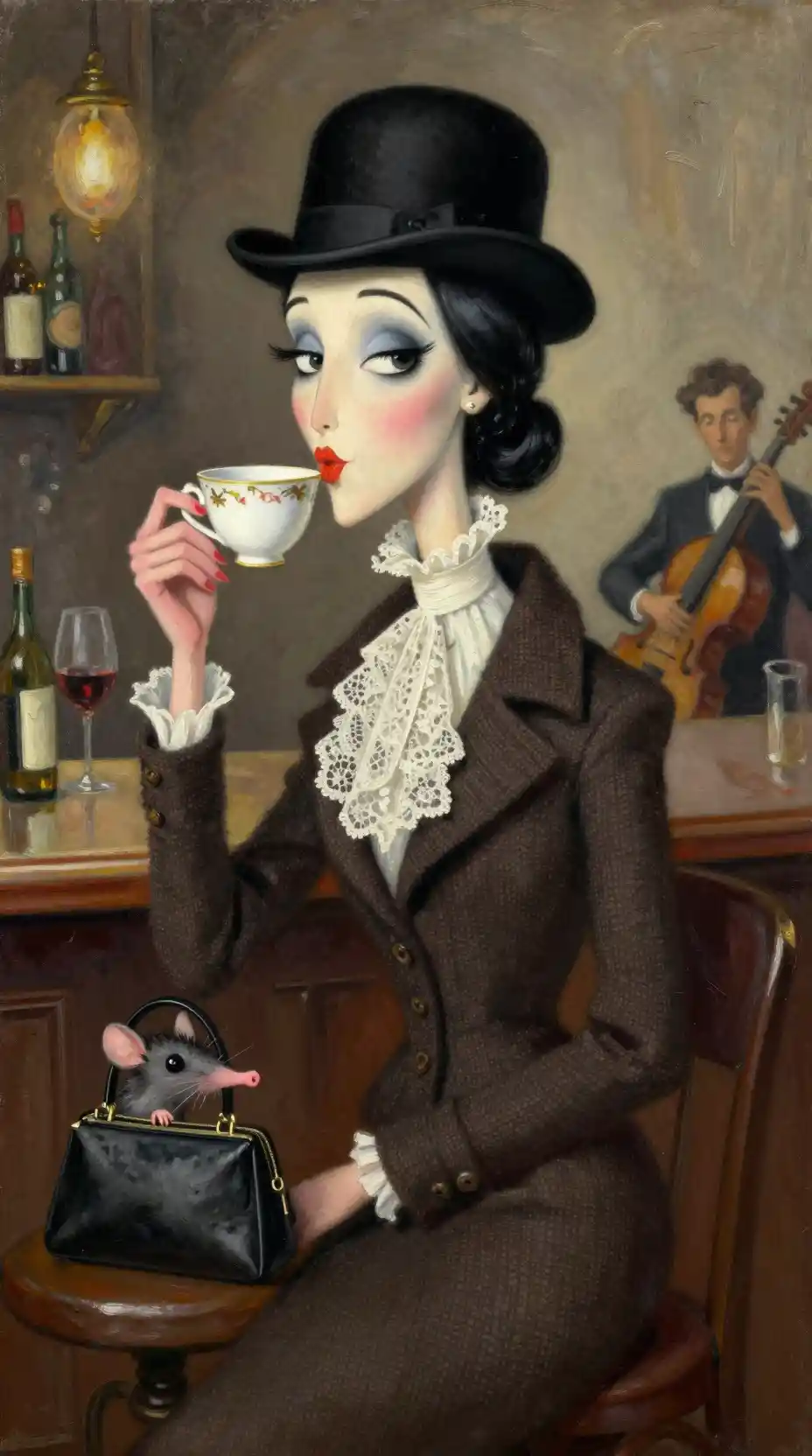 Caricature fashion woman with swan neck sipping tea