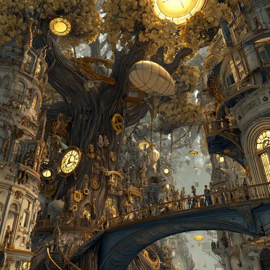 Majestic steampunk city carved inside a colossal ancient tree