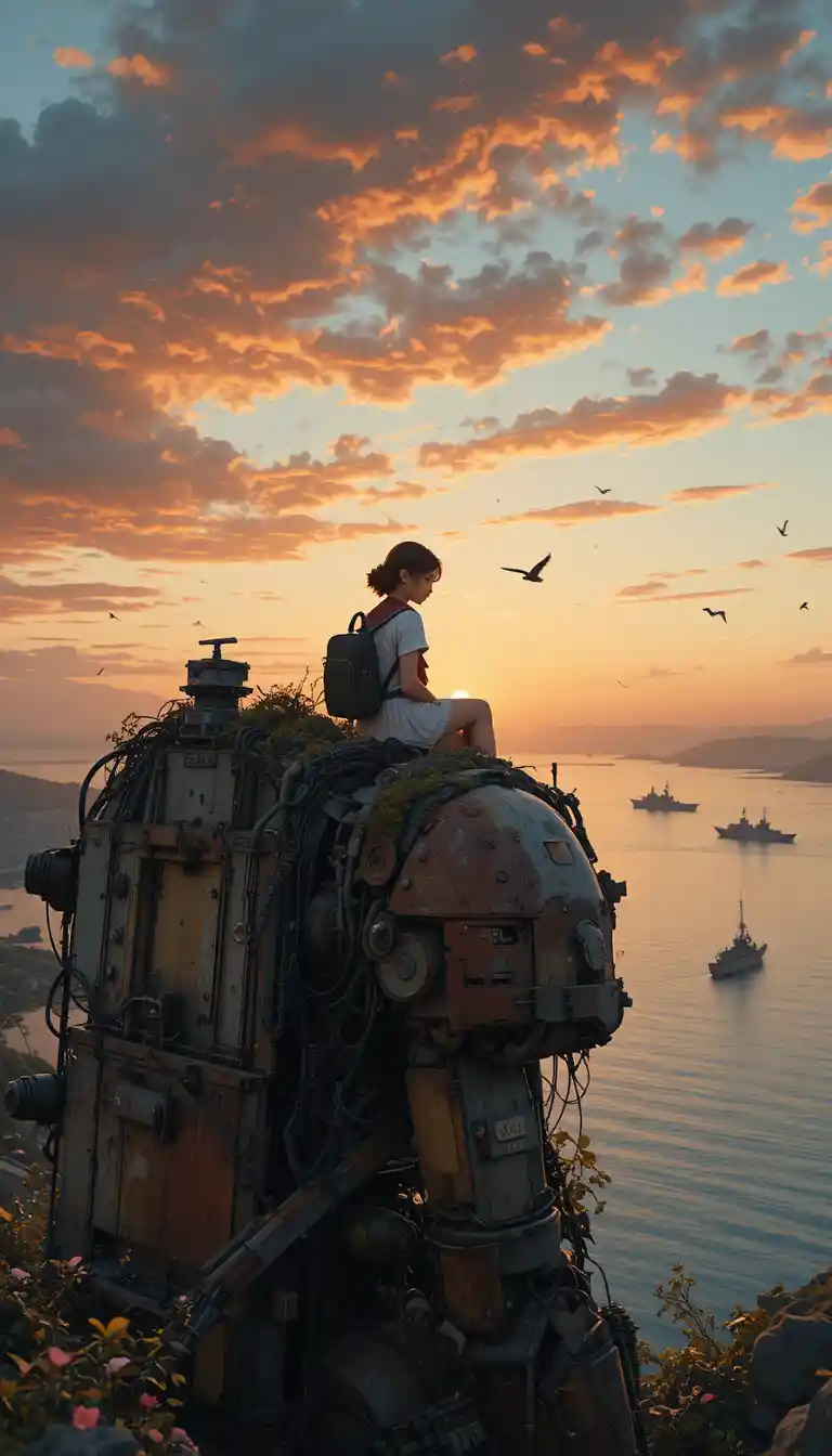 Schoolgirl on ruined robot watching the sunset sea