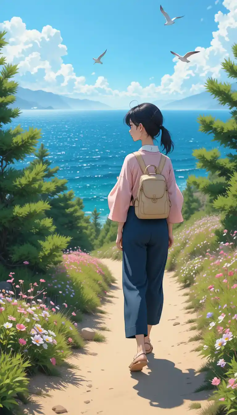 Anime girl walking along a sunlit coastal path