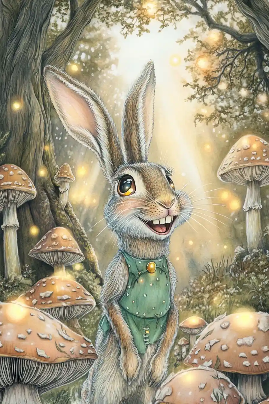 Whimsical magic rabbit in a glowing enchanted forest clearing