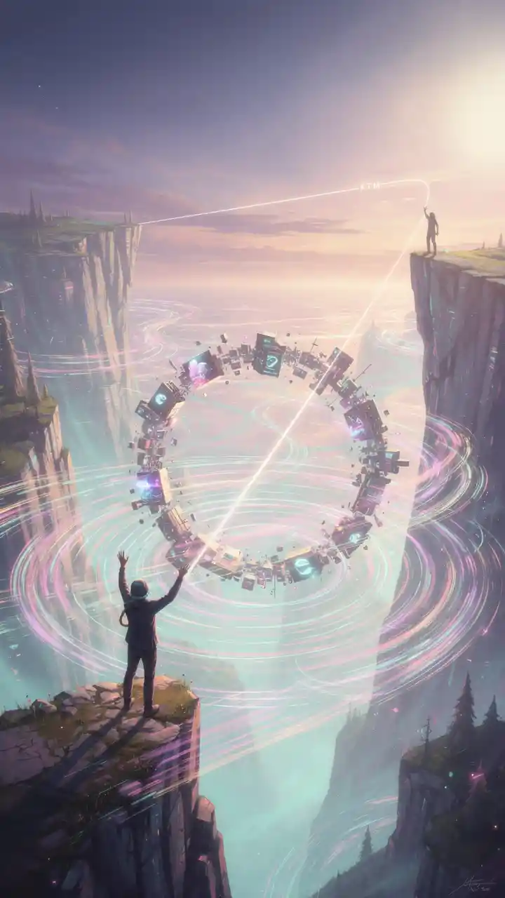 Abstract pendulum world in shifting light and sound