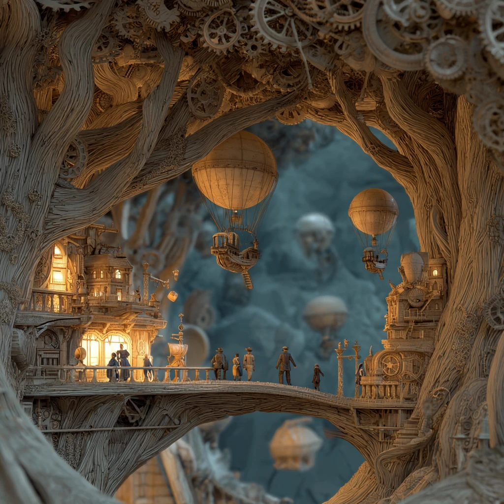 Majestic Steampunk City Built Inside A Colossal Ancient Tree