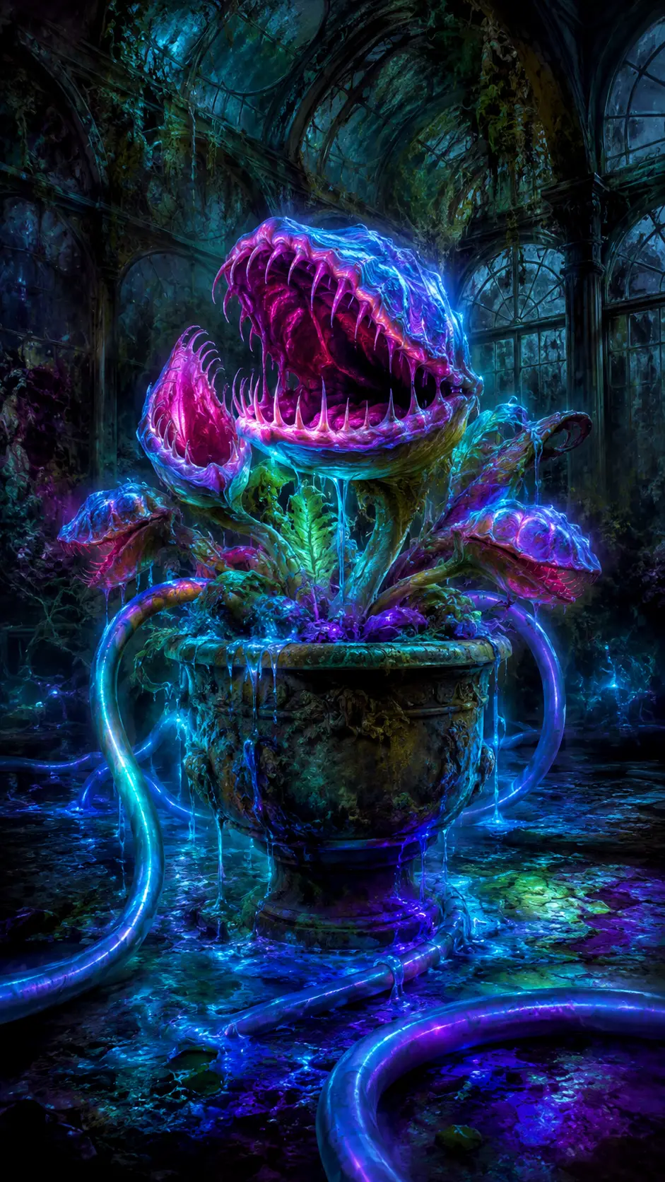 Creepy Neon Carnivorous Plant In An Abandoned Greenhouse