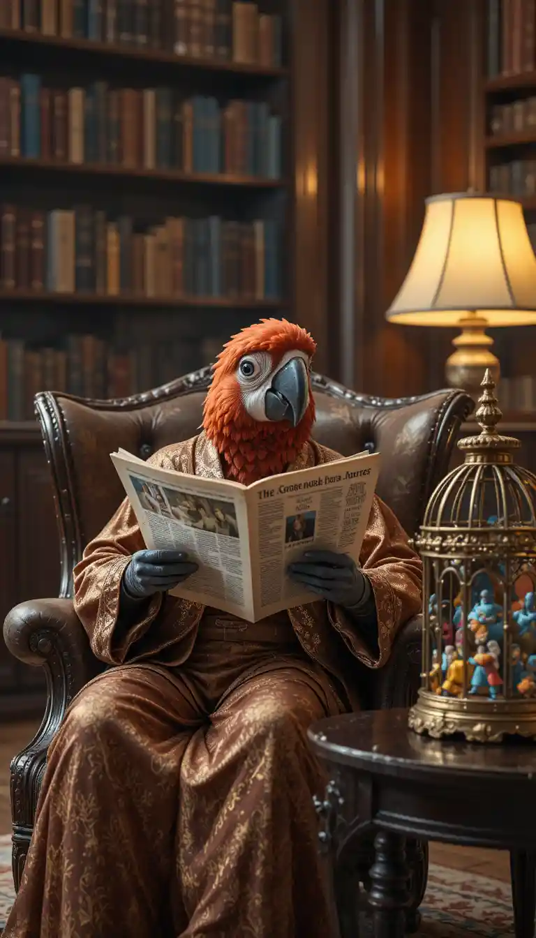 Cinematic close up of a parrot reading in an armchair
