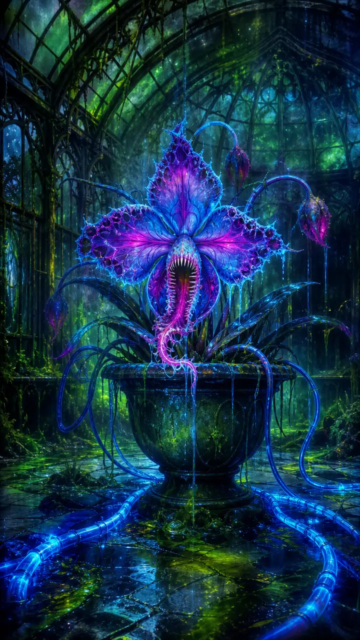 Luminescent Carnivorous Orchid In An Abandoned Greenhouse