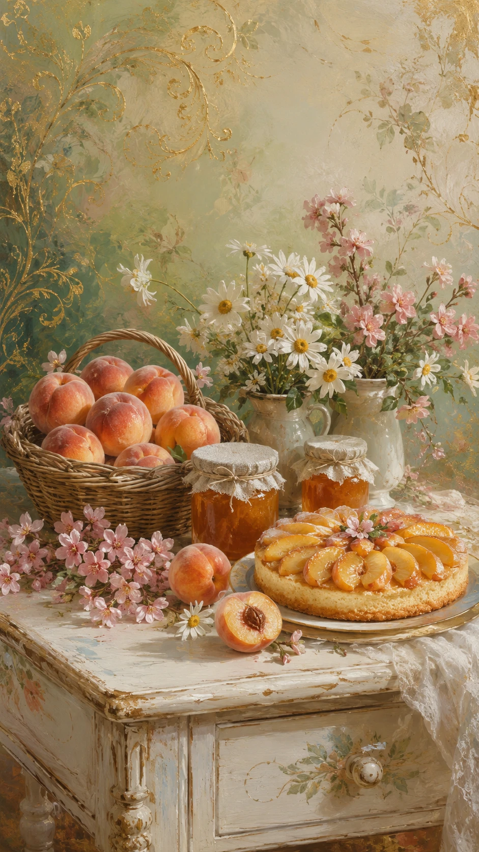 Bodegón de pastel vintage de durazno sobre mesa de cocina blanca
