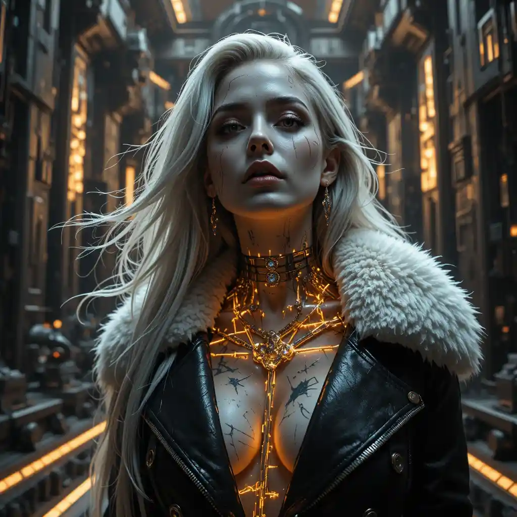 Primer plano cyber noir de una femme fatale futurista