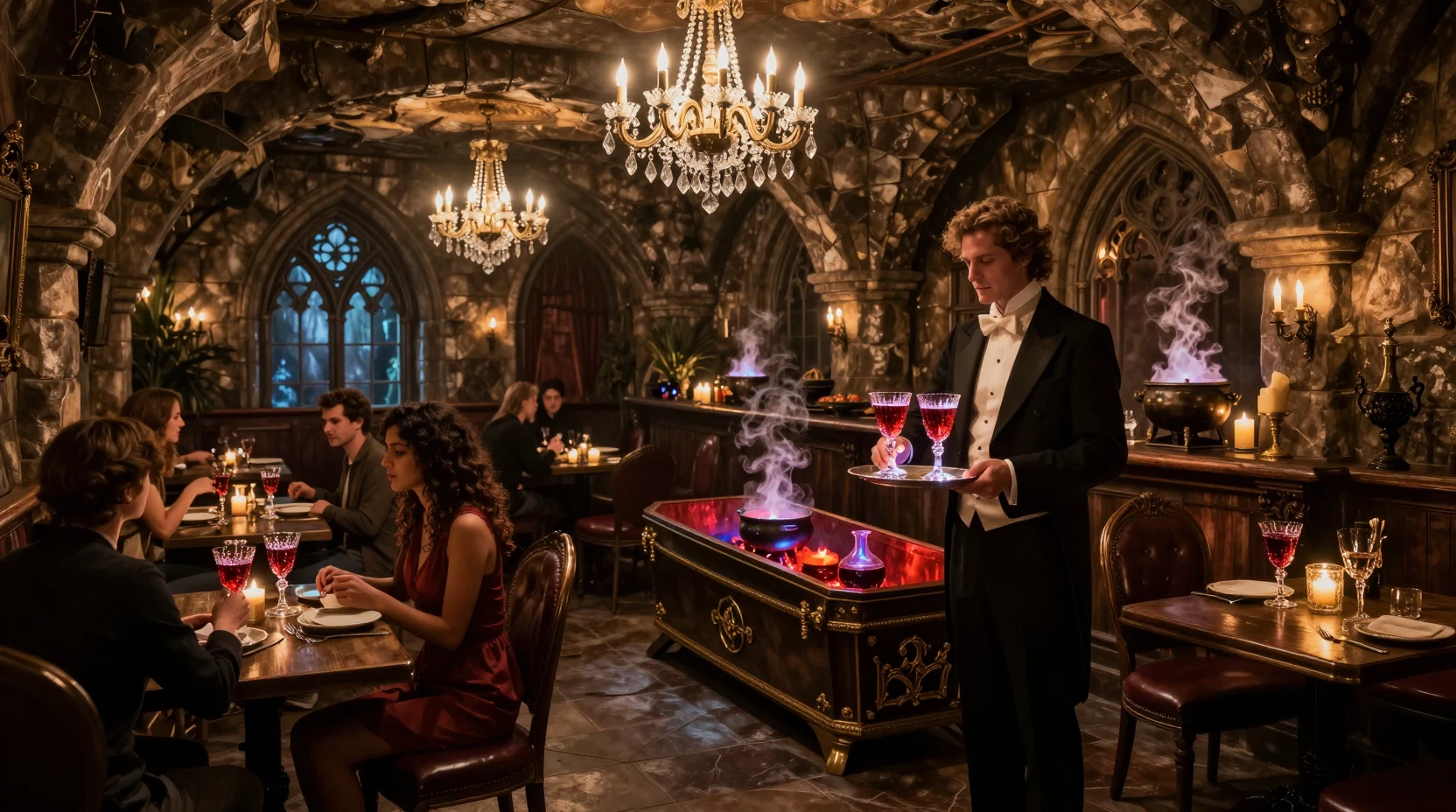 Gothic castle cafe with candlelit vampire themed dining