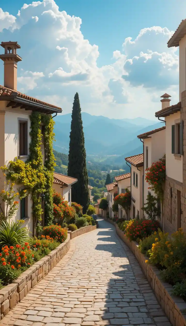 Sunny mediterranean village lane with distant blue mountains