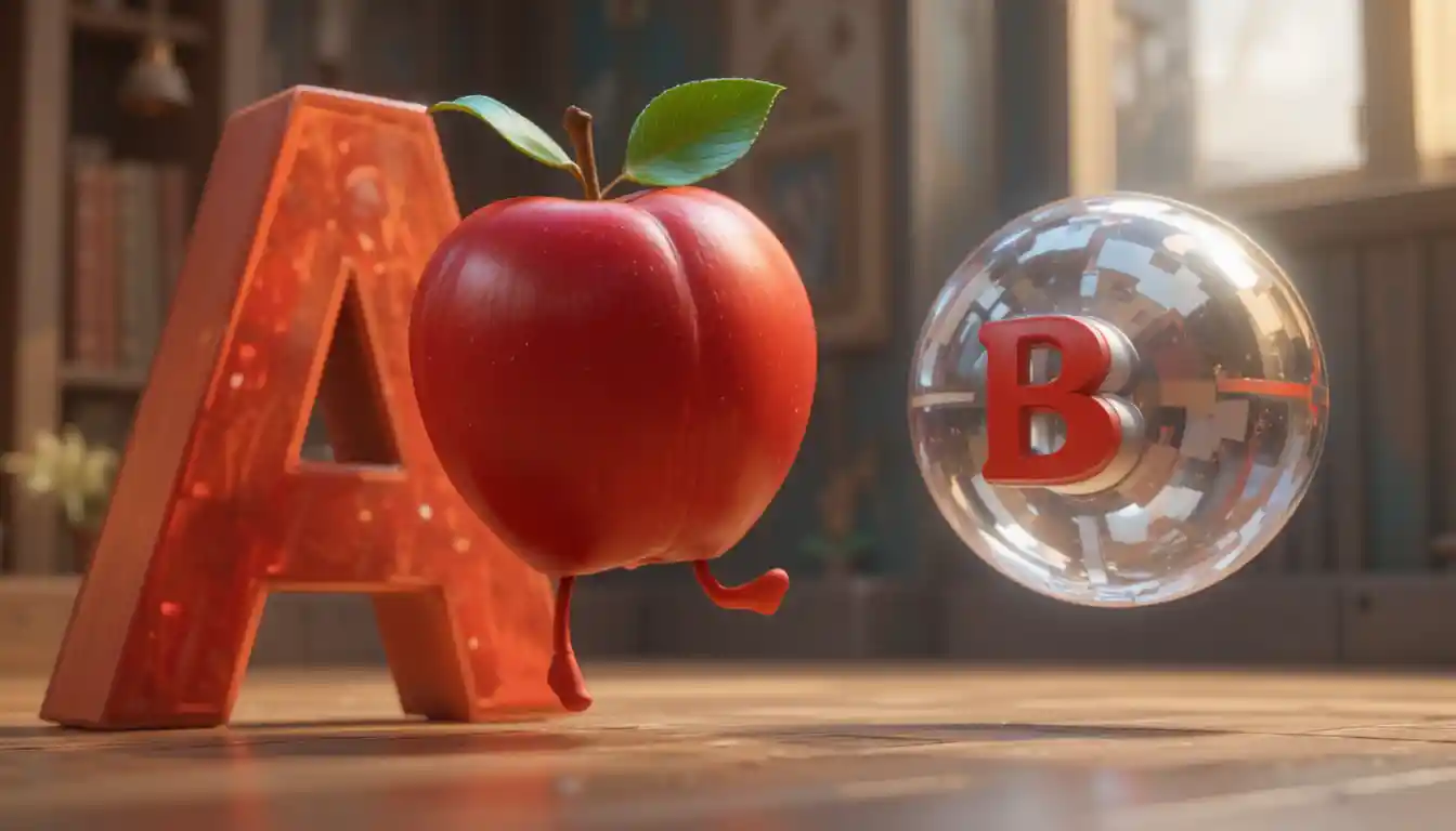 Red apple jumping beside a large 3D letter A