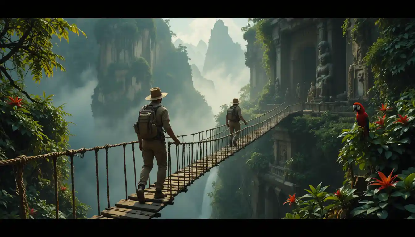 Explorers Crossing Rope Bridge In Misty Jungle Canyon