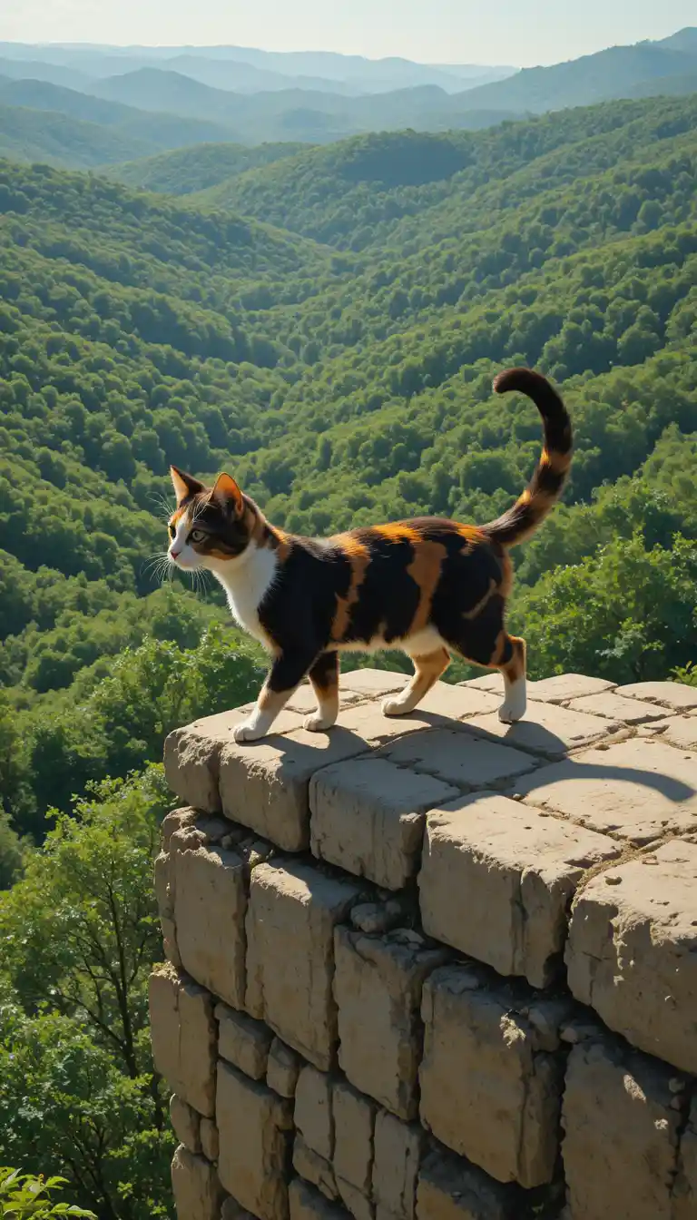 Calico cat walking along a stone wall above forests