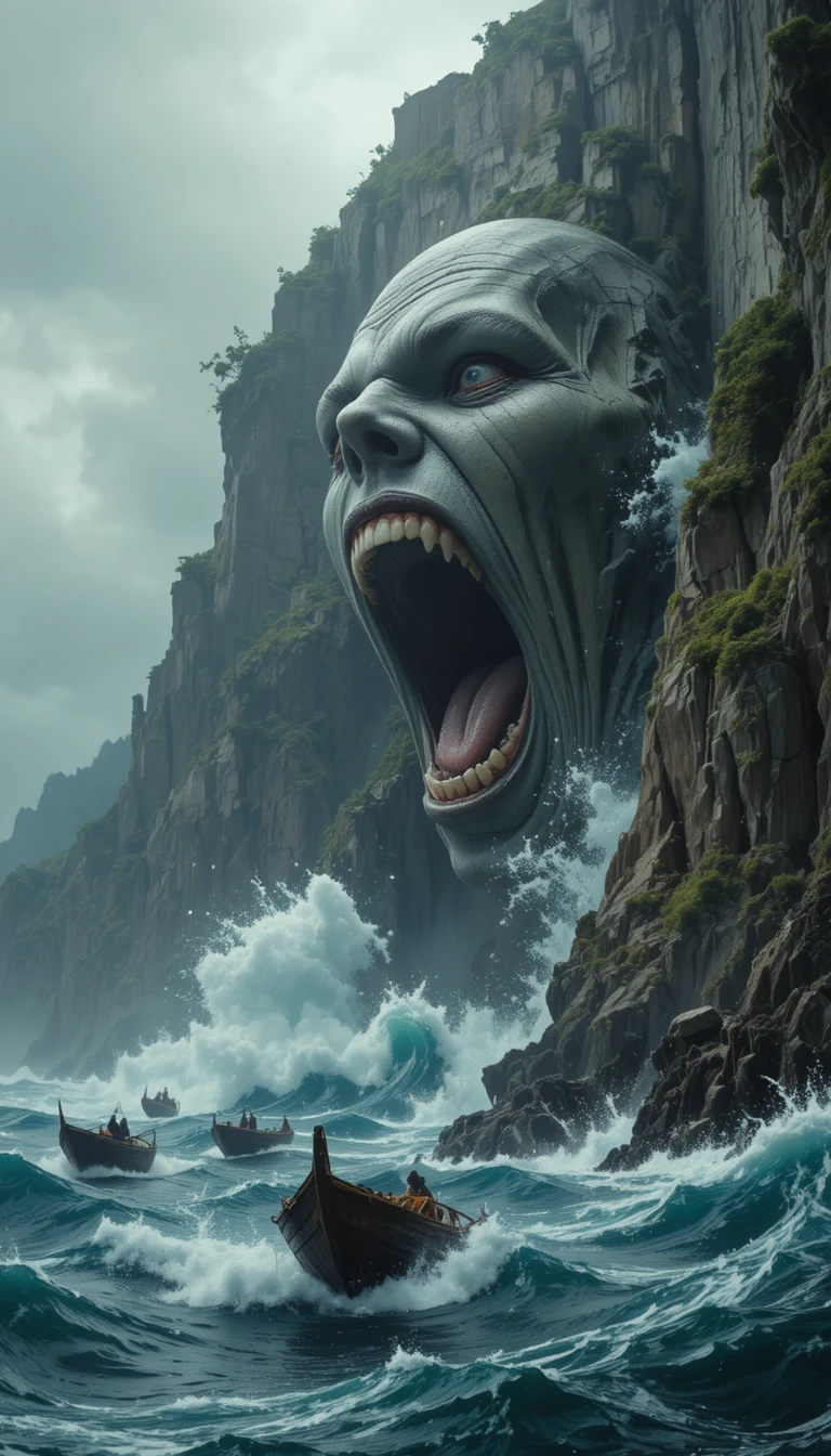 Colossal stone face towering above stormy ocean cliffs