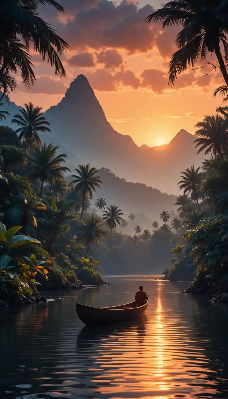 Canoe On Tropical Jungle River At Warm Sunset