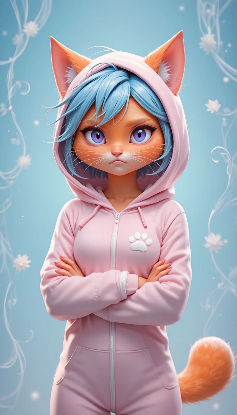 Grumpy orange cat character in pink hooded pajamas
