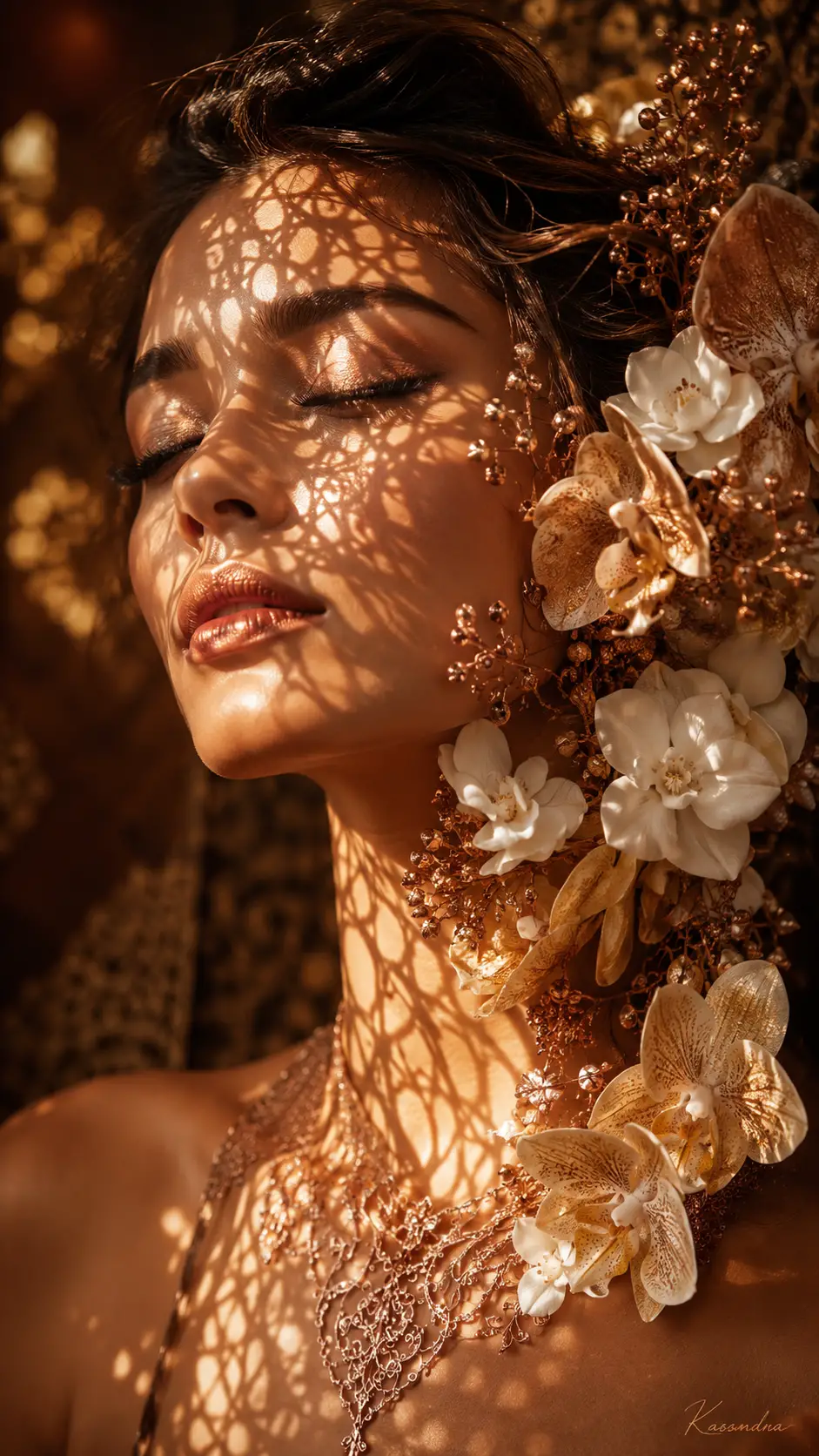 Gelassenes Porträt einer Frau im goldenen Sonnenlicht mit floraler Haarverzierung