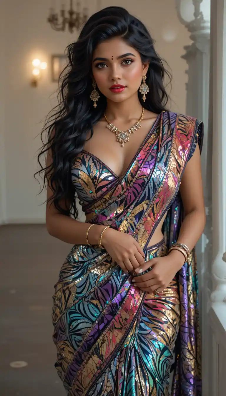 Indian woman in reflective saree posing in indoor room