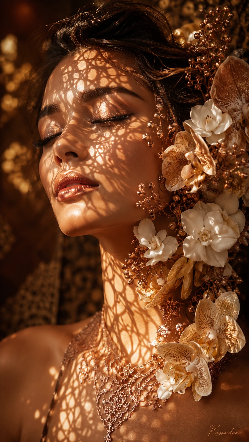 Serene woman in golden sunlight with floral hair adornment