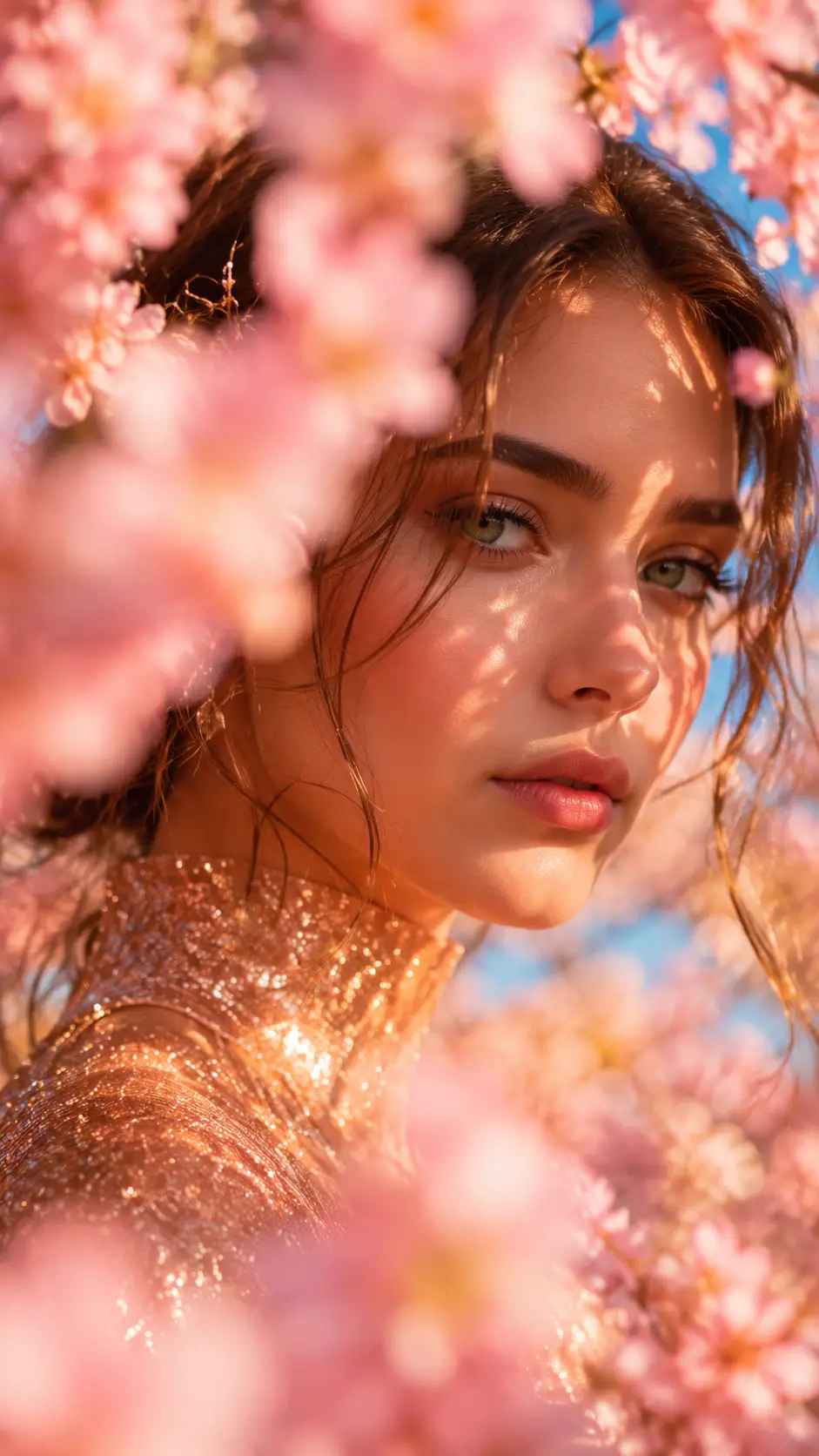 Young woman portrait framed by soft pink spring blossoms