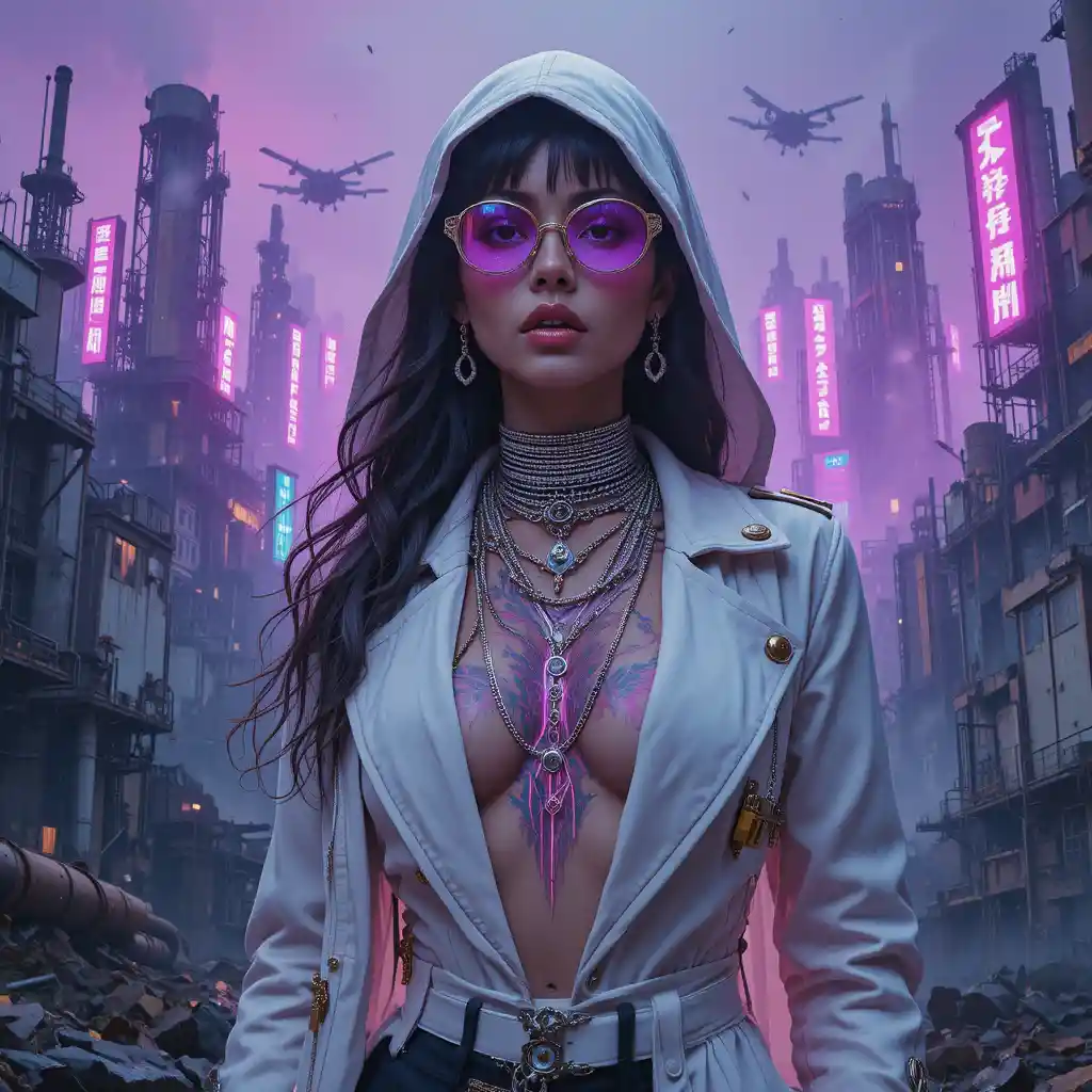 Cyberpunk outlaw woman in neon trench coat close up