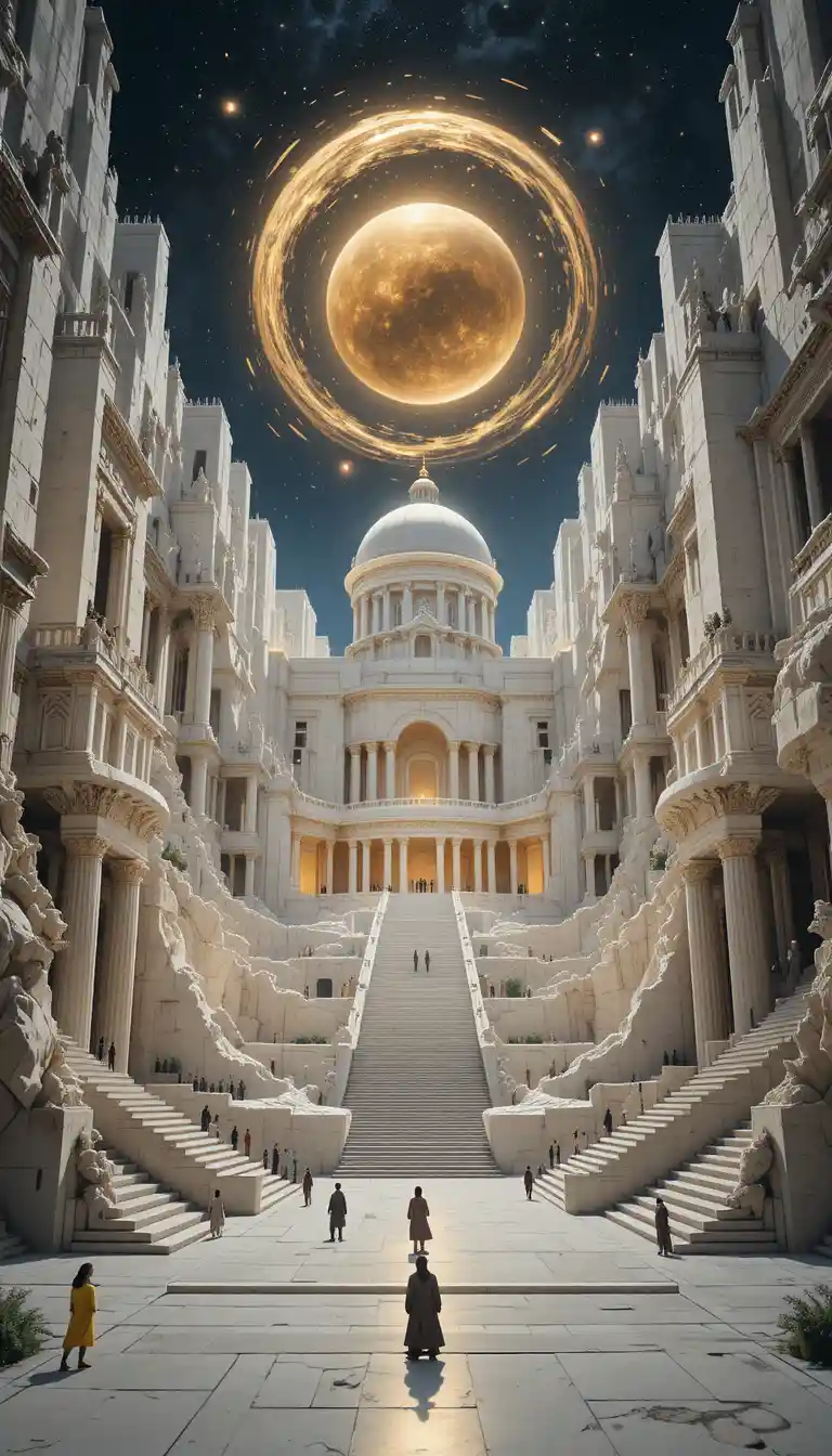 Majestic fantasy temple city carved into marble cliffs