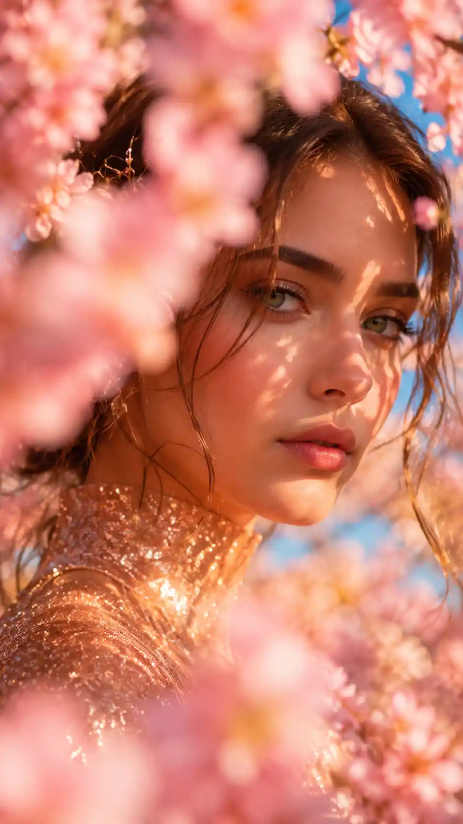 Young woman portrait framed by soft pink spring blossoms