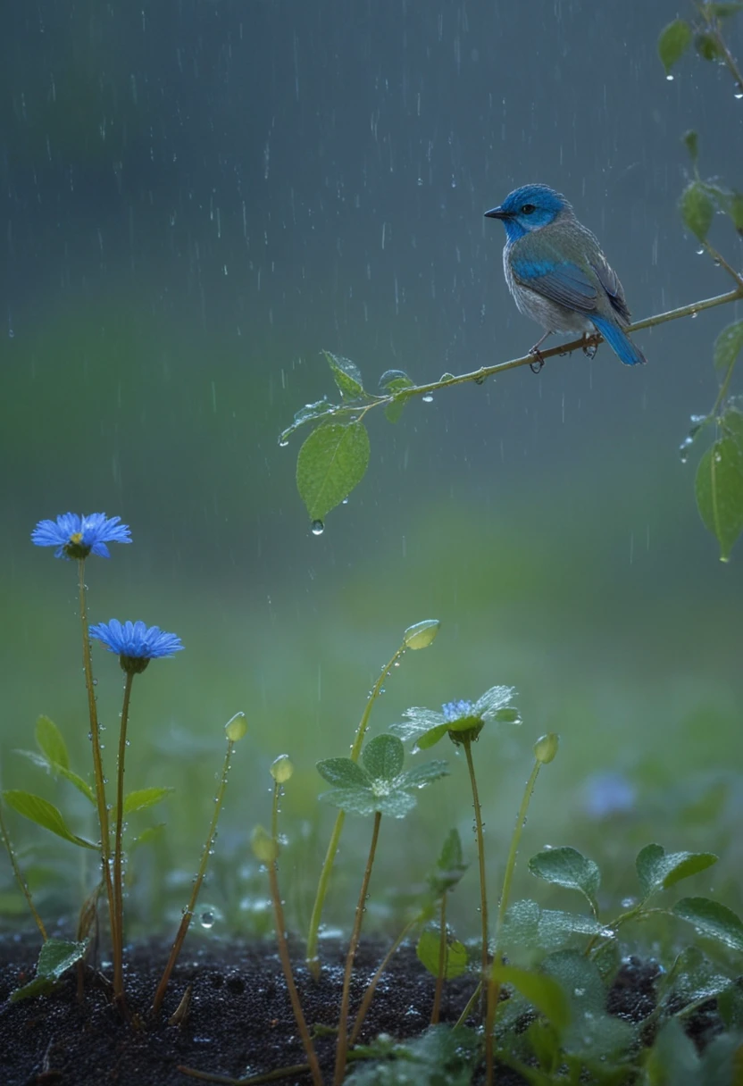 Pájaro azul sobre suelo húmedo de flores silvestres bajo una lluvia suave