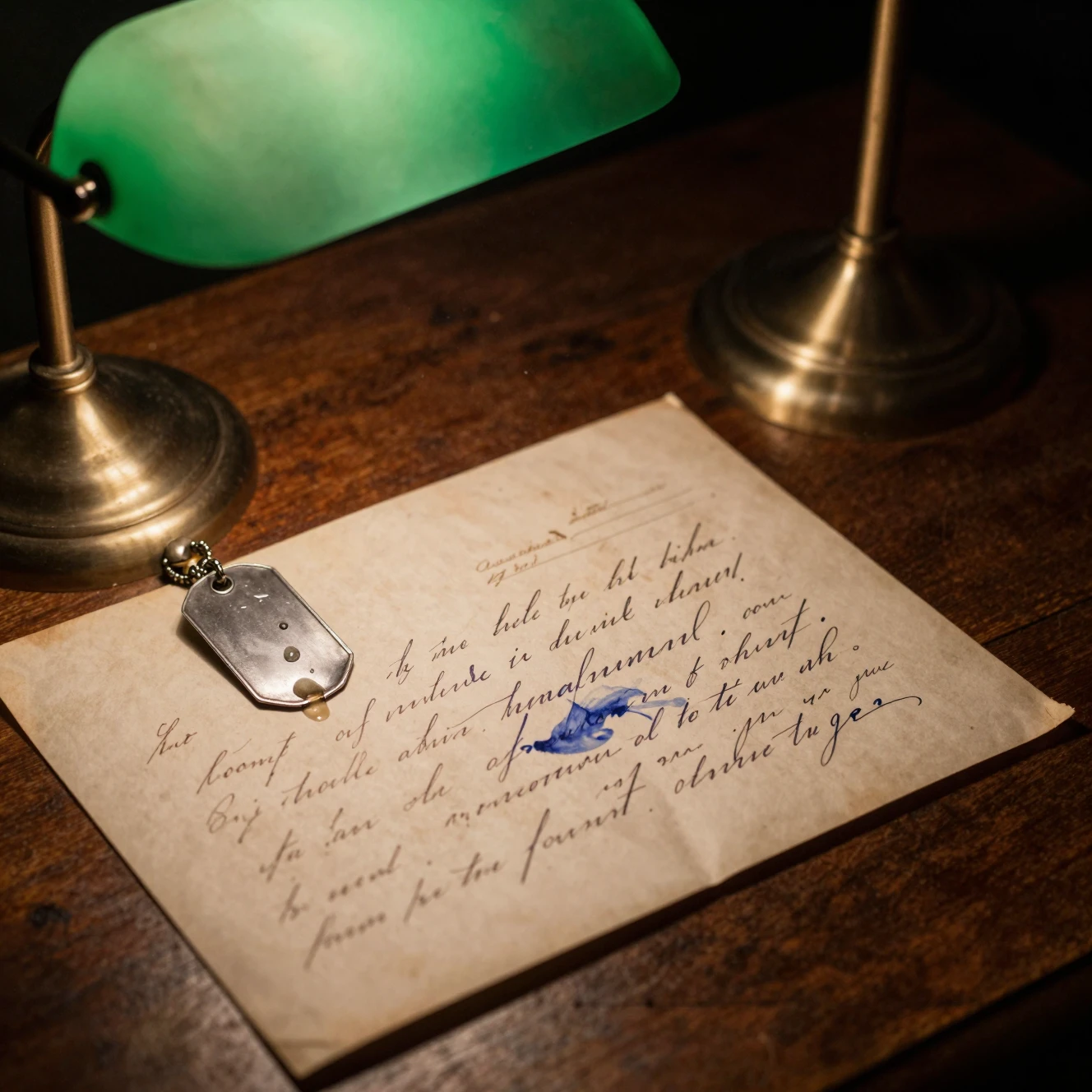 Tear stained letter and dog tag under a green desk lamp