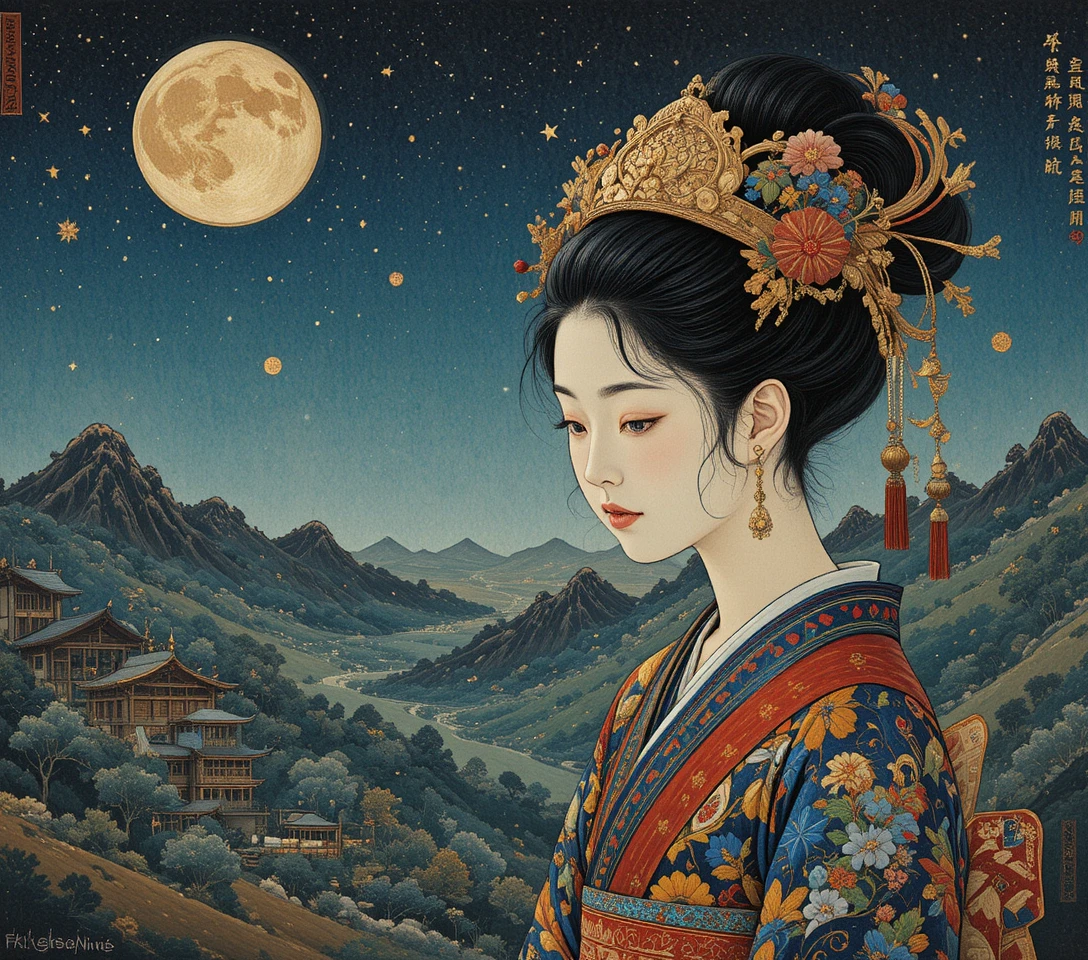 Pintura inspirada em Nihonga com detalhes de pinceladas divisionistas